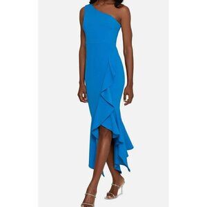 New Xscape Evenings Size 16 One-Shoulder Asymmetric Hem Gown Blue